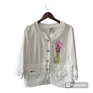 FOCUS VINTAGE Women’s White Blazer with Floral Design Size L
